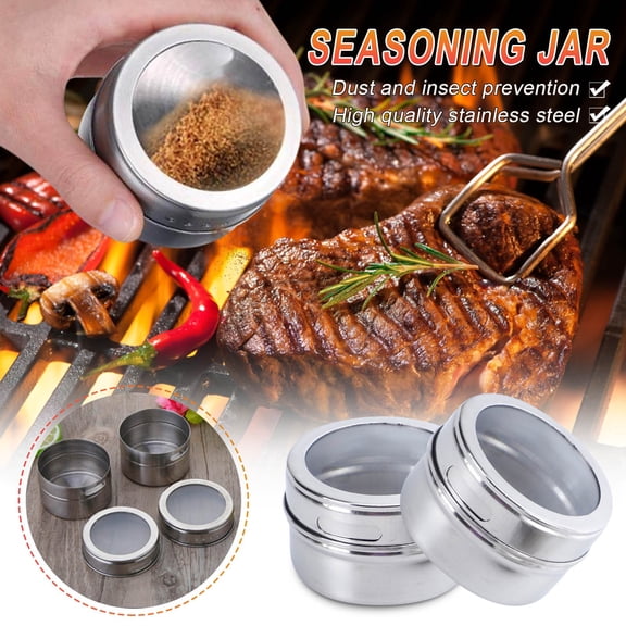 Zzbeans Magnetic Spice Jars, 6pcs Stainless Steel Spice Tins with Rack, Airtight Kitchen Spice Storage Containers with Dual Sprinkle Lids, Magnetic Condiment Jars for Fridge Oven Cabinet Organization