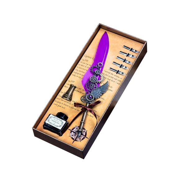 Zzbeans Mechanical Wing Quill Pen, Antique Carved Dip Pen with Brass Base & Ink, Calligraphy Set for Gothic Writing, Vintage Feather Pen Gift Box for Holiday Birthday