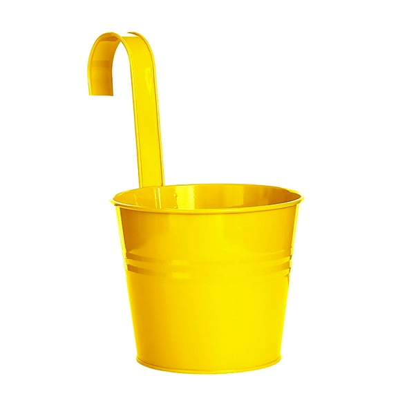 Zzbeans Metal Hanging Flower Bucket, Thickened Tin Container for Balcony Porch Fence, Green Flower Pot with Bracket Easy Install No Tools Home Garden Decor, Yellow