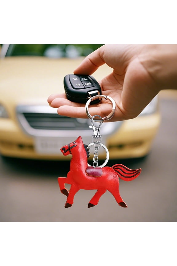 Mini Horse Keychain, Personalized Cowhide Leather Keychain, Cute Horse Shaped Gift for Keys Bag Charm Decoration, Red
