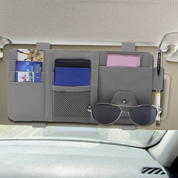 Zzbeans Multi Functional Car Sun Visor Organizer Clip, Leather Document Pouch for Sunglasses Cards Registration, Slim Visor Storage Holder for Truck SUV Minivan, Gray