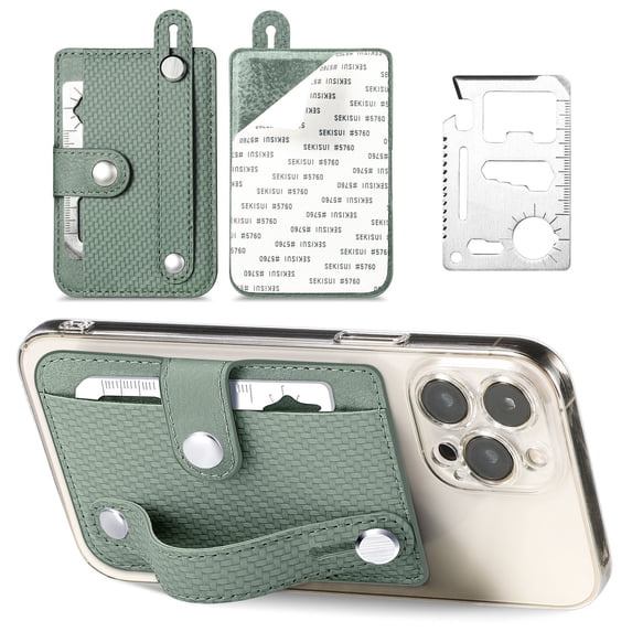Zzbeans Multifunctional Adhesive Phone Wallet Card, Magnetic Sticker Card Case for, Leather Phone Grip Stand with Zipper Pocket for Cards Cash Keys, Car Mount Compatible Gift, Green