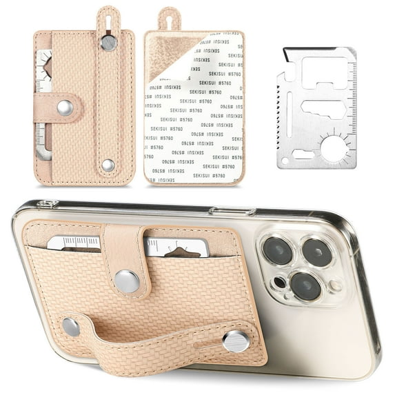 Zzbeans Multifunctional Adhesive Phone Wallet Card, Magnetic Sticker Card Case for, Leather Phone Grip Stand with Zipper Pocket for Cards Cash Keys, Car Mount Compatible Gift, Khaki