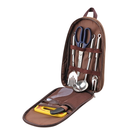 Zzbeans Portable Outdoor Kitchenware Set, 7-Piece Self Driving Picnic Cookware with Storage Bag, Stainless Steel Camping Utensils for Car Travel Home Use, Brown