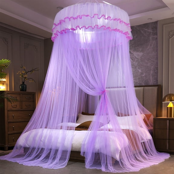 Zzbeans Princess Bed Canopy, No-Installation Ceiling-Mounted Dome Mosquito Net, Encrypted Foldable Floor-Standing Bed Canopy for Girls Room, Romantic Lace Ruffled Bed Curtain for Single Double Queen