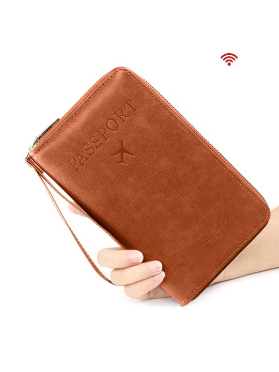 RFID Blocking Passport Holder, Multi-Functional Travel Wallet for Men and Women, Secure Leather Document Organizer with Card Slots for Passports Tickets Cash Boarding Passes, Brown