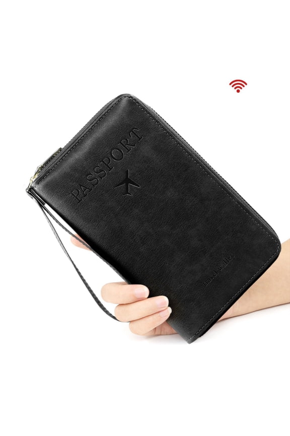 RFID Blocking Passport Holder, Multi-Functional Travel Wallet for Men and Women, Secure Leather Document Organizer with Card Slots for Passports Tickets Cash Boarding Passes, Black
