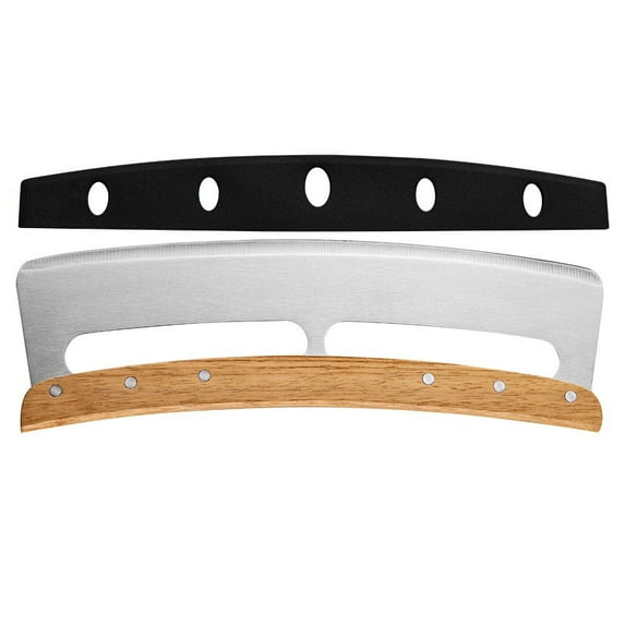 Zzbeans Rocking Pizza Cutter, Two-Handle Semicircular Pizza Knife with Wooden Handle, Stainless Steel Rocker Blade Cutter for Pizza Cheesecake Brownies, Dishwasher Safe Kitchen Slicing Tool