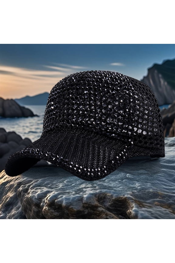 Studded Rhinestone Baseball Cap, Adjustable Mesh Sun Hat for Women Men, Bling Casual Sports Cap with Wide Brim for Sun Protection Outdoor Beach Travel, Black