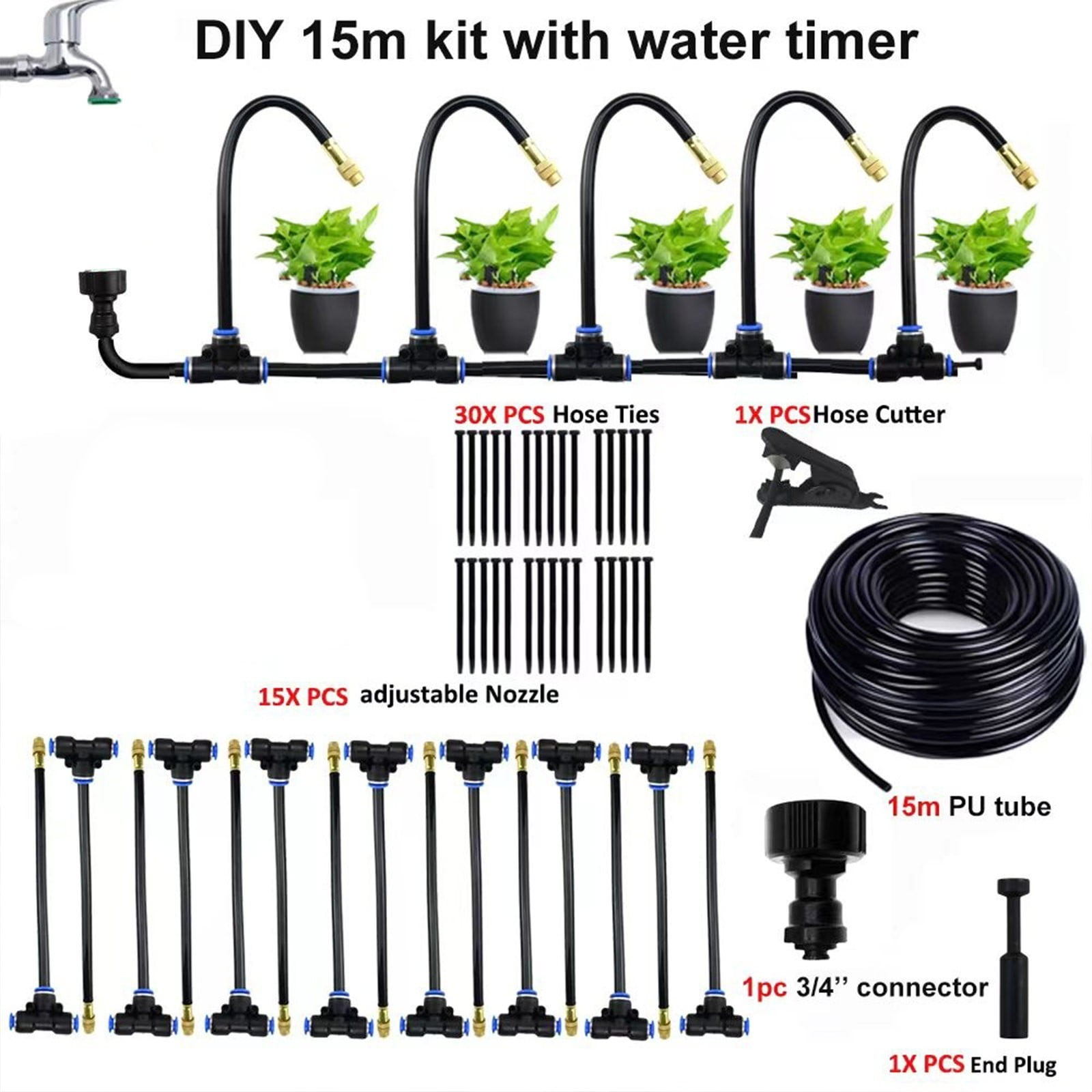 Zzbeans Upgraded Drip Irrigation System Kit, Universal Garden Watering Spray Nozzle with 10m/15m/20m Hose, Automatic Water-Saving Irrigation for Lawn Patio Vegetable Garden Flower Bed Greenhouse