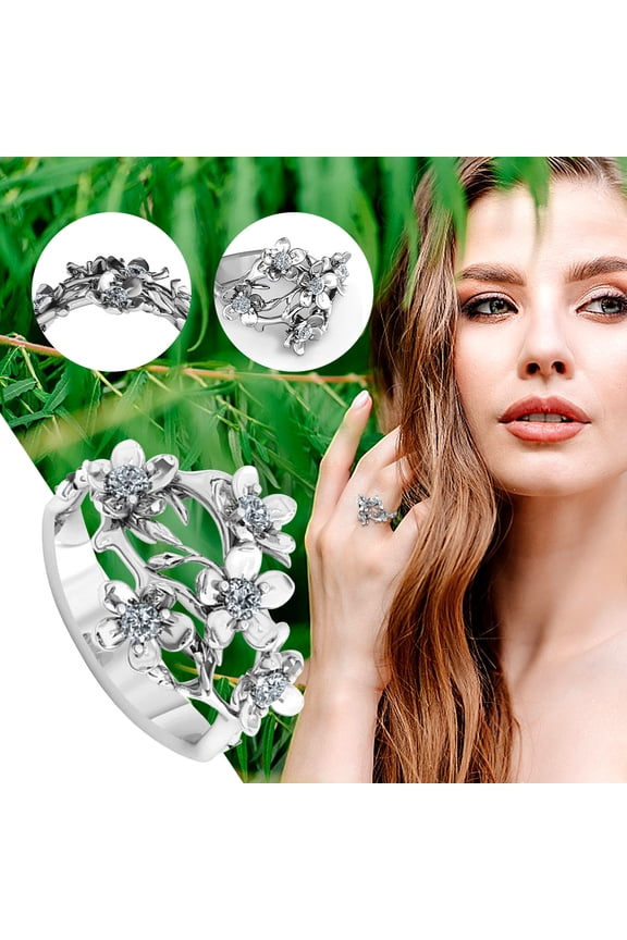 Vintage Flower Engraved Diamond Ring, Fashion Alloy Jewelry for Women, Ladies Fashion Cocktail Statement Ring Gift Boxed, Silver