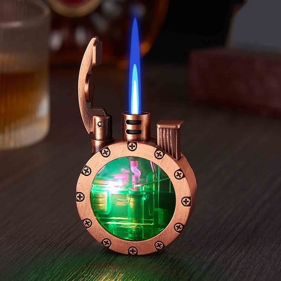 Zzbeans Vintage Trench Lighter, Transparent Kerosene Lighter with Visible Tank, Antique Steampunk Collectible Lighter for Men, Cool LED Light Unique Gift for Smoking Camping Gifts