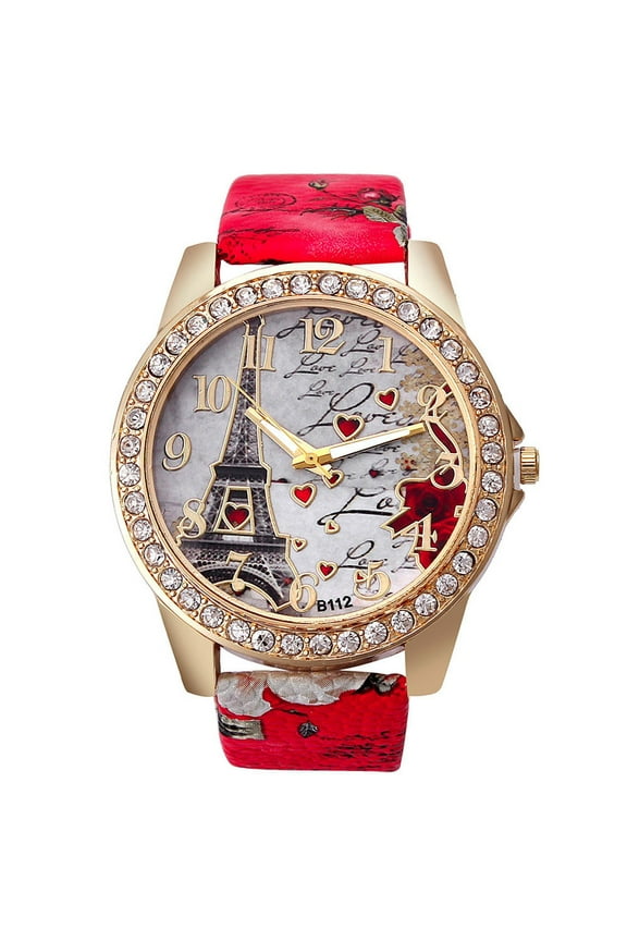 Women's Crystal Golden Leather Analog Quartz Watch, Fashion Casual Wrist Watch for Women, Elegant Alloy Pin Buckle Timepiece for Daily Wear and Gift
