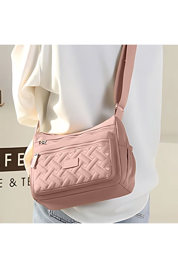 Women's Shoulder Bag, Lightweight Nylon Ladies Purse Tote, Multi-Compartment Handbag for Work Travel Shopping, Elegant Design with Adjustable Strap, Pink
