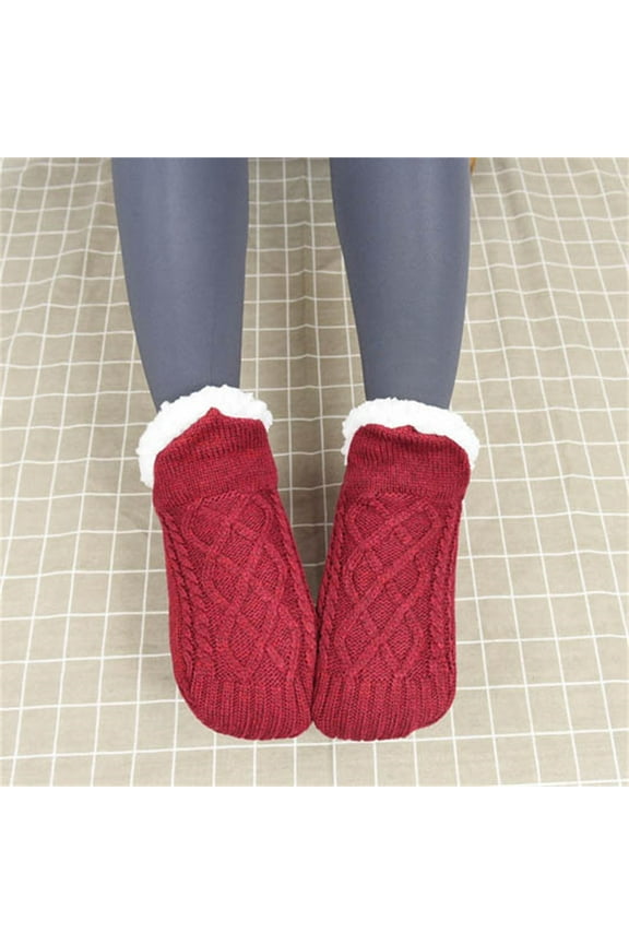 Women's Winter Slipper Socks, Fleece Lined Non Slip Fuzzy Warm Socks for Women, Super Soft Gripper House Socks with Anti-Skid Sole for Home Indoor Outdoor, Red