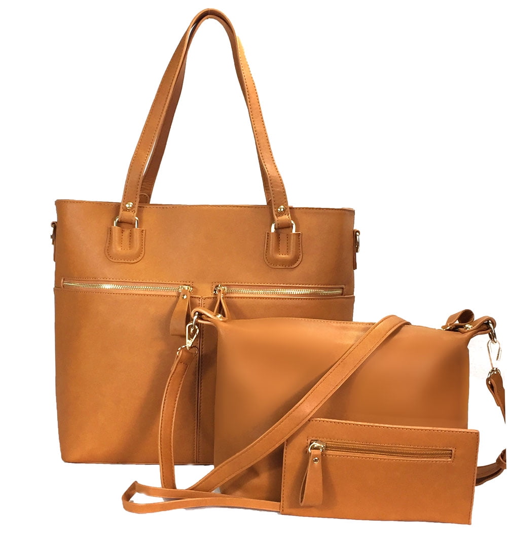 Zzfab 3 pcs Tote Bag Set Big Purse-Brown
