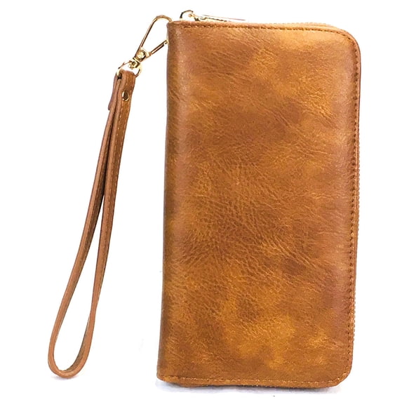 Zzfab Large Faux Leather Wallet Zip Passport Wallet with Check Book Holder Brown