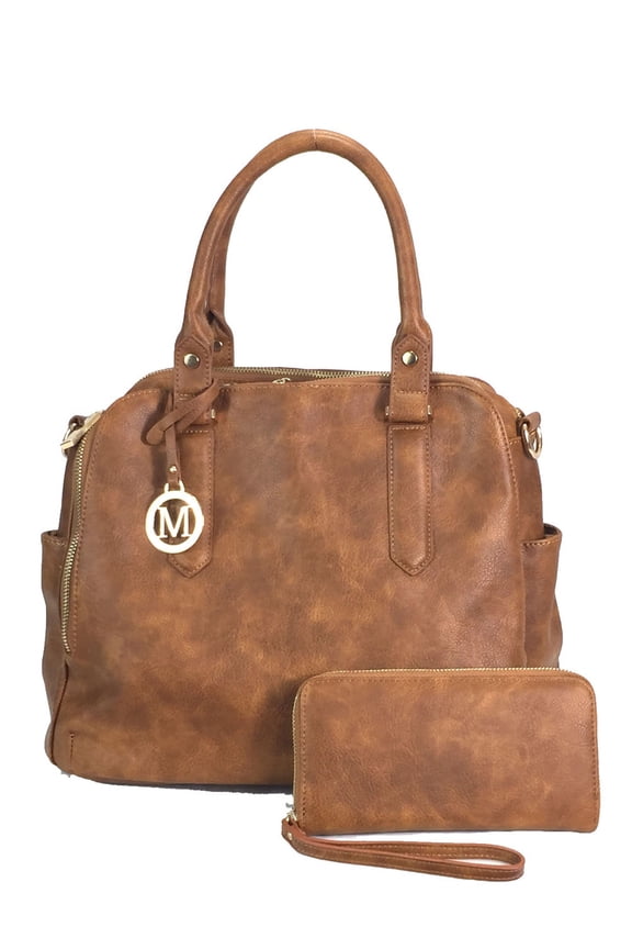 Leatherette Triple Compartments Satchel Purse and Wallet Set Brown