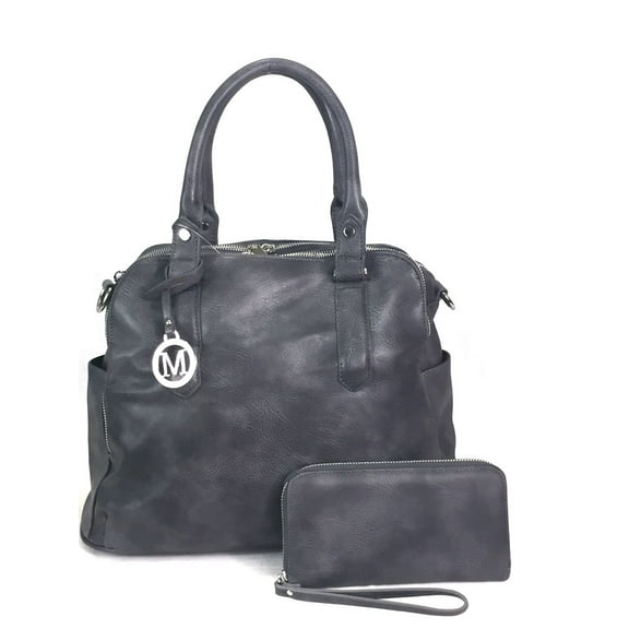 Zzfab Leatherette Triple Compartments Satchel Purse and Wallet Set Grey