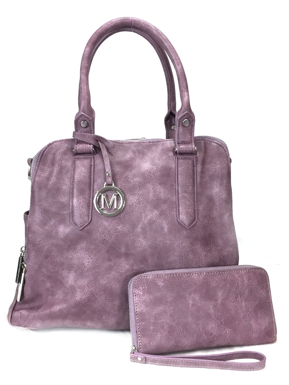 Zzfab Leatherette Triple Compartments Satchel Purse and Wallet Set Lavender