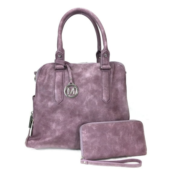 Zzfab Leatherette Triple Compartments Satchel Purse and Wallet Set Lavender