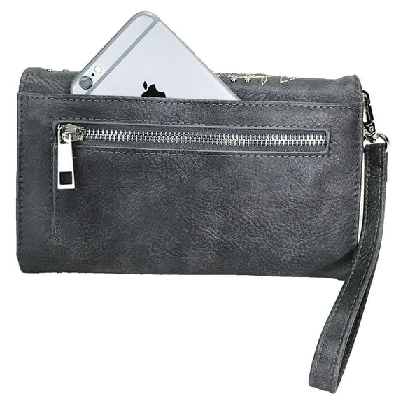 Zzfab Rhinestone Cross Embroidered Floral Western Cross Wallet Grey