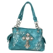 Zzfab Rhinestone Cross Embroidered Floral Western Handbag Turquoise