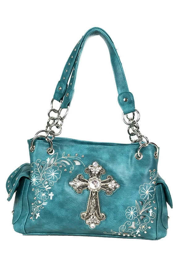 Rhinestone Cross Embroidered Floral Western Handbag Turquoise