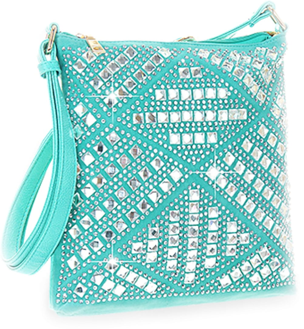 Zzfab Rhinestone Purse Gem Bling Crossbody Bag Turquoise