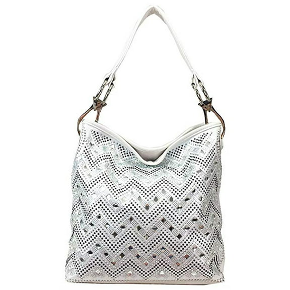 Zzfab Sparkle Gem Chevron Rhinestone Hobo Bag White