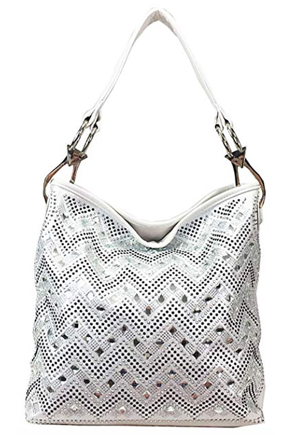 Sparkle Gem Chevron Rhinestone Hobo Bag White