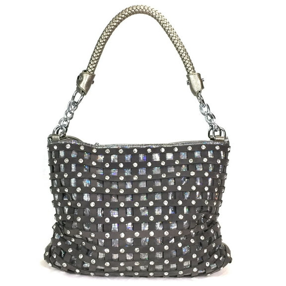 Zzfab Sparkle Rhinestone Suede Hobo Handbag Pewter