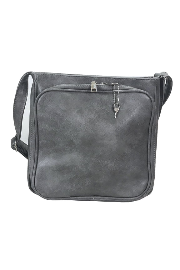 Triple Zipper Locking Faux Leather Crossbody Bag Grey