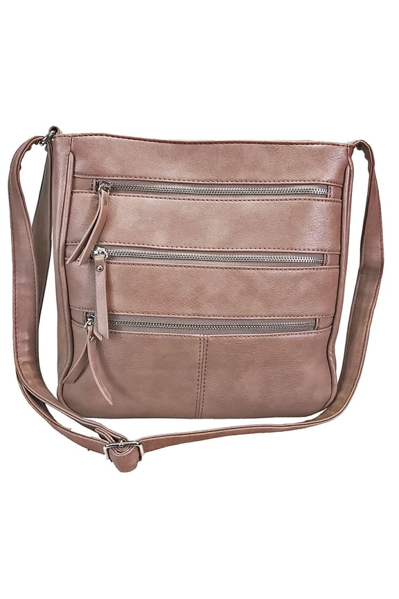 Triple Zipper Locking Faux Leather Crossbody Bag Mauve