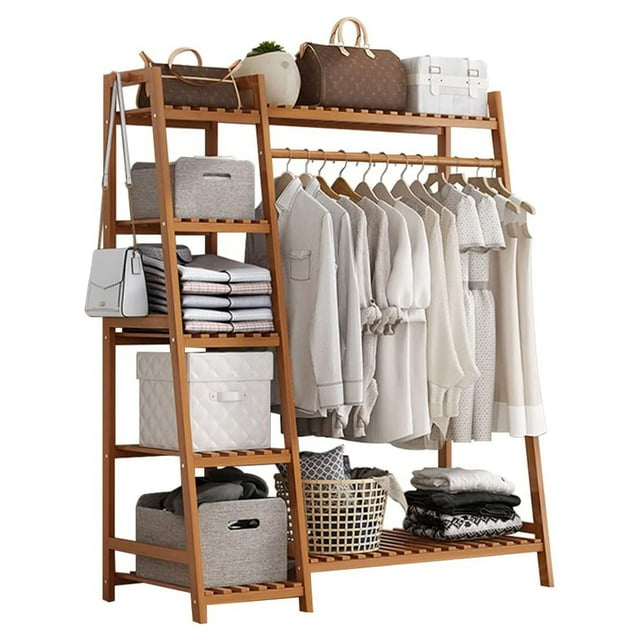 Zzibqs Bamboo Ladder Clothing Rack with Shelves,Max Load 200LBS,43.3"L