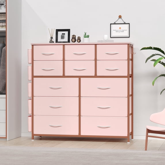 Zzistar 12 Drawers Dresser, Wood Top Dresser Chests of Drawers Storage Cabinet with 12 Non-Woven Fabric Drawer and 5 Side Pockets