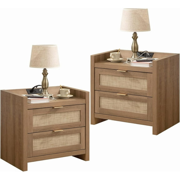 Zzistar 2 Piece Night Stand , Rattan Nightstands with Type-C Charging Station, Drawers - Boho Wood Bed Side End Table for Small Space