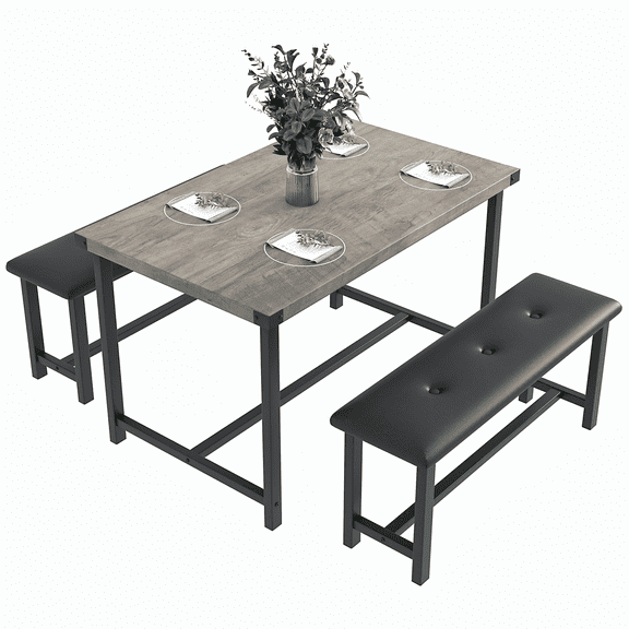 Zzistar 3 Piece Dining Table Set, Kitchen Wood Rectangular Dining Table with 2 Upholstered Bench, Gray