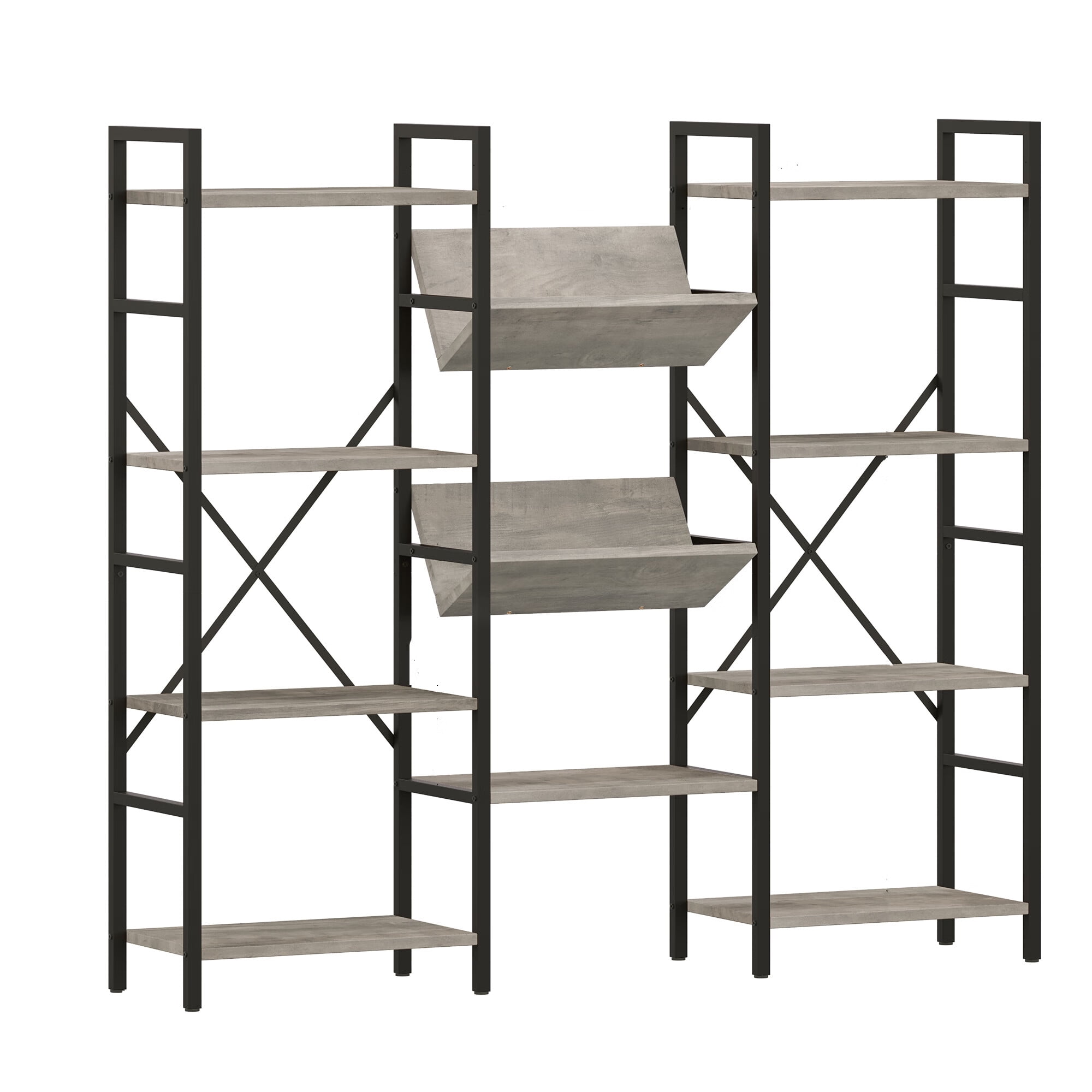Zzistar 4 Tier Bookcase with 8 Open Display Shelves, Triple Wide Metal