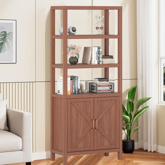 Zzistar 5 Tier Bookcase with 2 Doors, Mid-Century 71 Inch Tall Bookshelf with Adjustable Shelf, Freestanding Book Shelf Display Cabinet for Living Room, Home Office, Bedroom