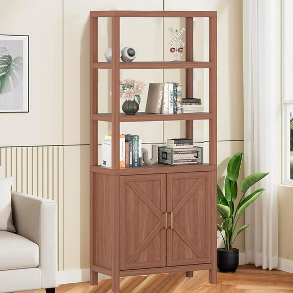 Zzistar 5 Tier Bookcase with 2 Doors, Mid-Century 71 Inch Tall Bookshelf with Adjustable Shelf, Freestanding Book Shelf Display Cabinet for Living Room, Home Office, Bedroom