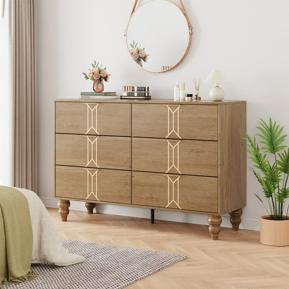 Zzistar 6 Drawer Dresser with Deep Drawers for Bedroom, Modern Wooden Chest Dresser with Deep Drawers with Vintage Pattern Design, Metal Handle