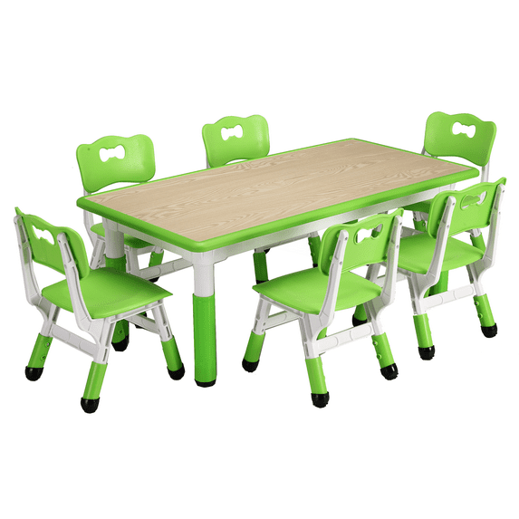 Zzistar 7 Piece Kids Table and Chairs Set, Height Adjustable Desk with 6 Seats Backrest Chair, Max 300lb Children Graffiti Table