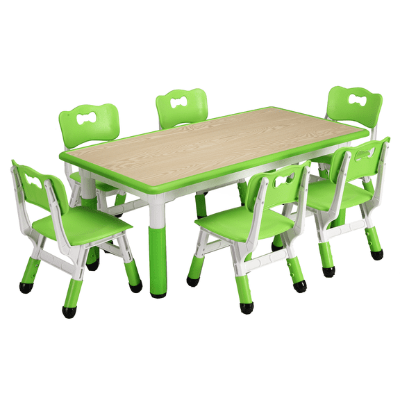 Zzistar 7 Piece Kids Table and Chairs Set, Height Adjustable Desk with 6 Seats Backrest Chair, Max 300lb Children Graffiti Table