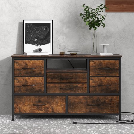 Zzistar 8 Drawer Dresser TV Stand with Power Outlet and LED Light for 55'' TV, Wood Wide Console Table Chest of Drawers Fabric Storage Tower with 8 Deep Drawers