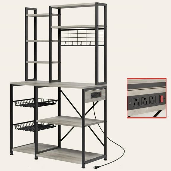 Zzistar Bakers Rack with Power Outlet, Farmhouse Microwave Oven Stand with 2 Large Wire Drawer, 7 Tier Utility Storage Shelf with 4 Hooks