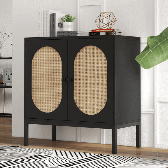 Zzistar Buffet Cabinet with Double Oval Rattan Door, Wood Console Cabinet Accent Storage Cabinet Sideboard