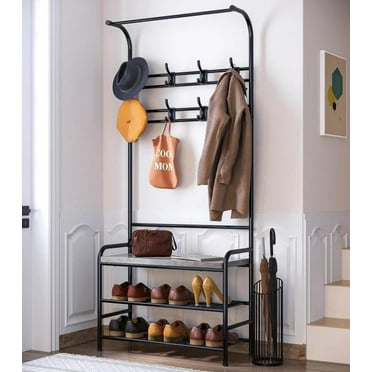 Zzistar Coat Rack Shoe Bench, 3-in-1 Hall Tree Shoe Rack for Entryway, 3-Tier Storage Shelf and 8 Hooks Removable with Steel Frame,