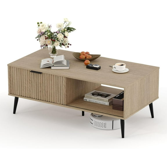 Zzistar Coffee Table with Storage,41.34" Modern Tea Table with Sliding Wave Doors, 2-Tier Wooden Center Table for Living Room, Office & Outdoor Use