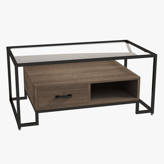 Zzistar Coffee Table with Tempered Glass Top, Rectangle Center Table Coffee Table with 2 Drawers and Storage Shelf